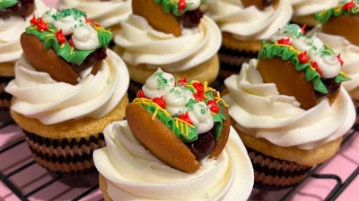 Taco Birthday Cupcakes - vanilla cupcakes with vanilla buttercream frosting and vanilla wafers as taco shells