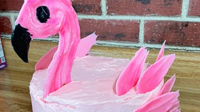 Flamingo Birthday Cake; vanilla cake with vanilla icing and chocolate feathers - 8”