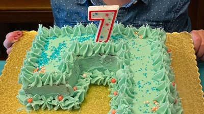 7th Birthday Number Sheet Cake; vanilla cake with vanilla buttercream - half sheet equivalent